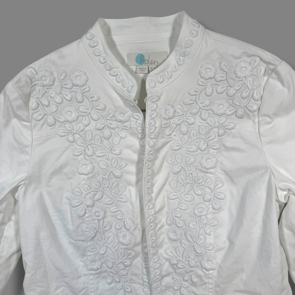 Boden Embroidered‎ Jacket Womens 6 White Floral Cotton Blend Hook Eye T0160